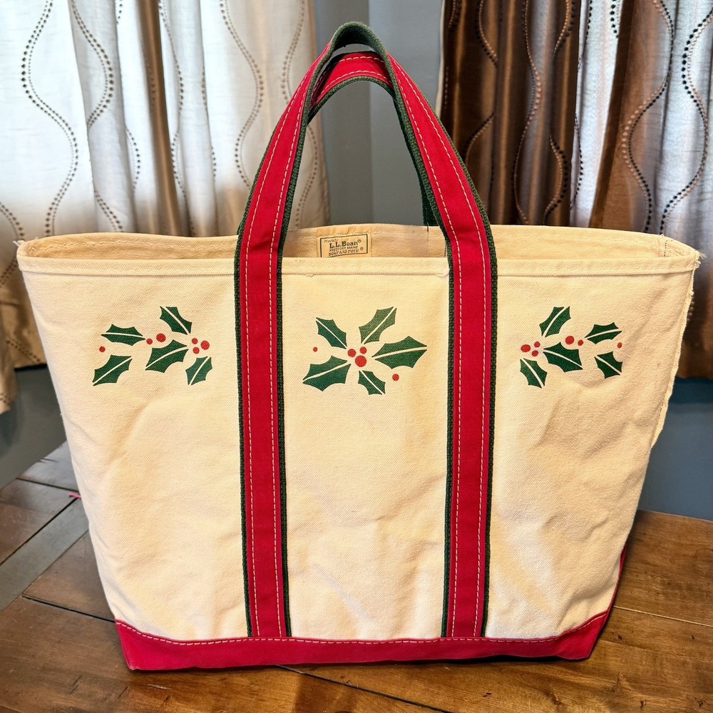 VTG 80s LL Bean Christmas Holly & Berry Holiday Canvas Bag Open Top Boat & Tote - Picture 4 of 8